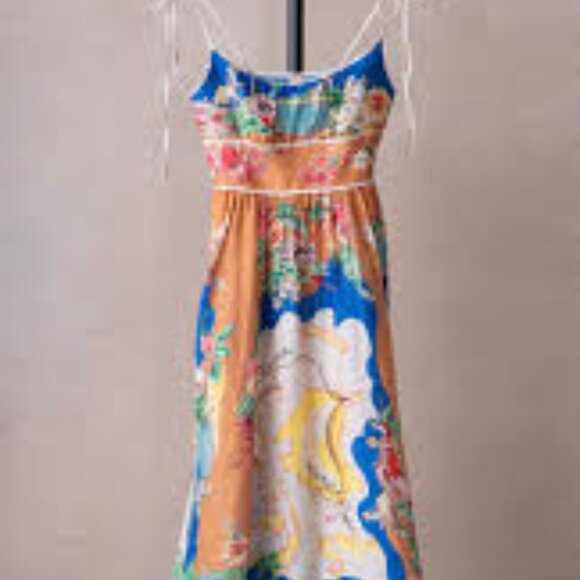 Christian Lacroix Alight Picnic nautical map blue linen blend midi dress size M - Picture 4 of 11